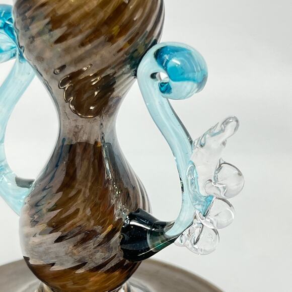 Murano Style Goblet Art Glass Signed Venetian Blue Amber Brown Hand Blown